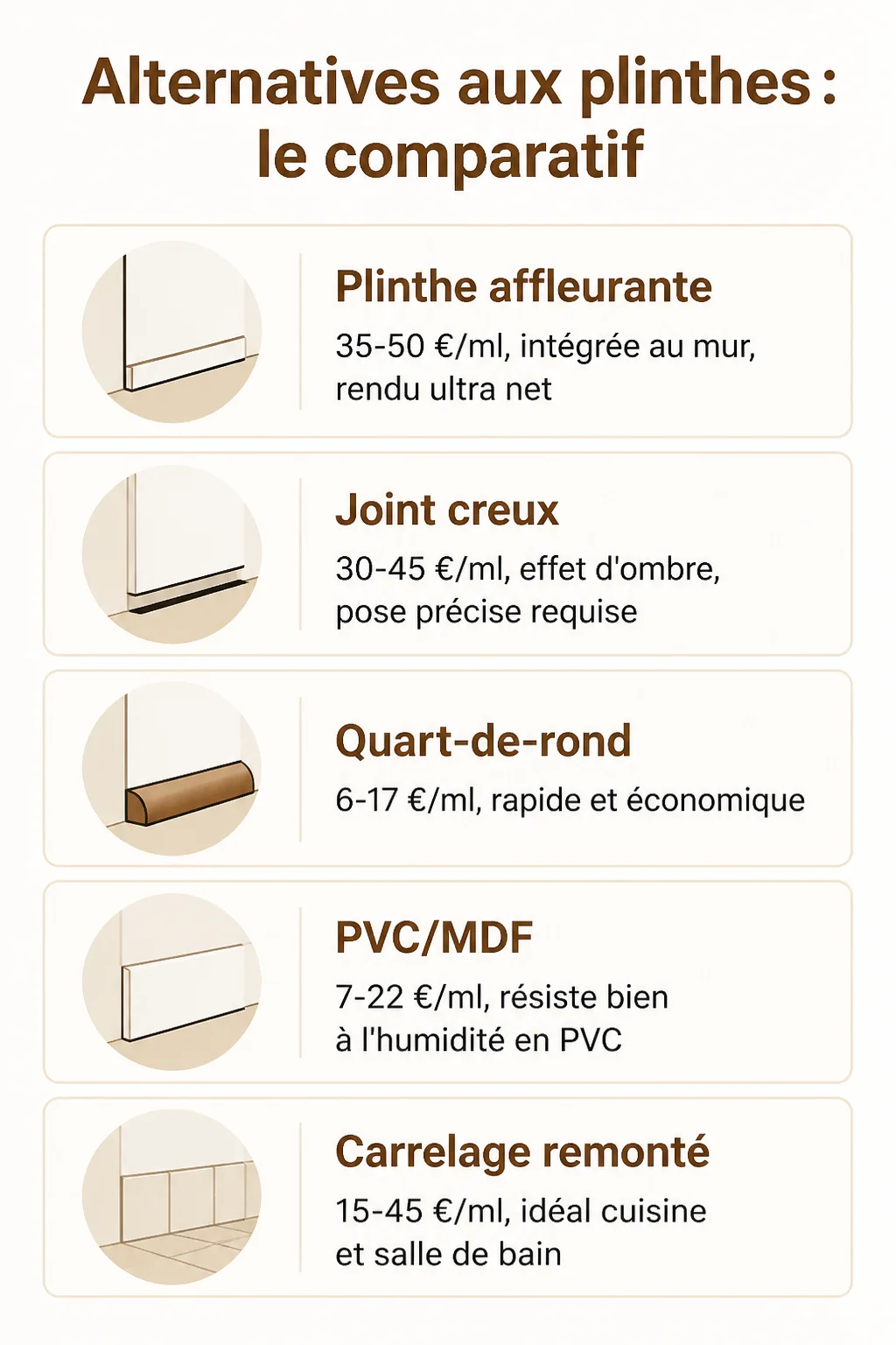 Alternatives aux plinthes : le comparatif : Plinthe affleurante, Joint creux, Quart-de-rond, PVC/MDF, Carrelage remonté