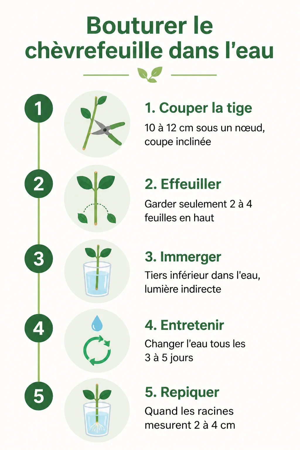 Bouturer le chèvrefeuille dans l'eau : 1. Couper la tige, 2. Effeuiller, 3. Immerger, 4. Entretenir, 5. Repiquer