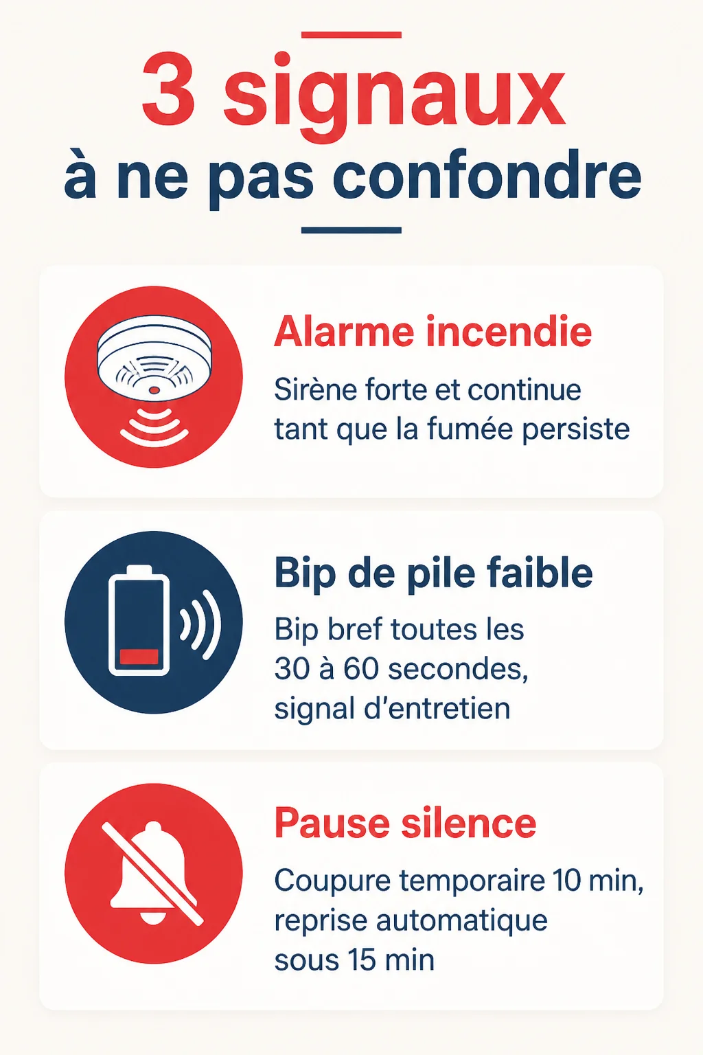 3 signaux à ne pas confondre : Alarme incendie, Bip de pile faible, Pause silence