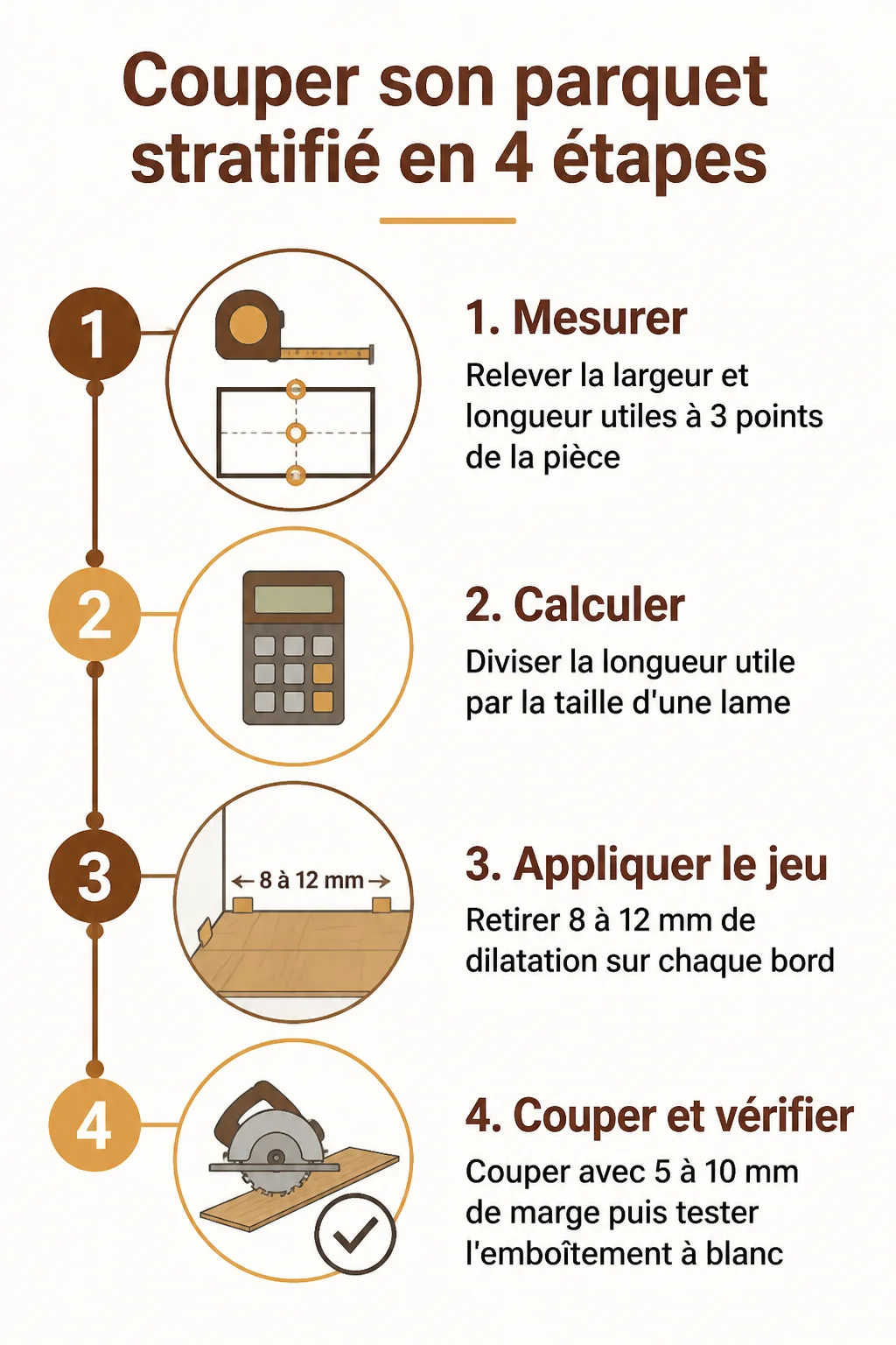 Couper son parquet stratifié en 4 étapes : 1. Mesurer, 2. Calculer, 3. Appliquer le jeu, 4. Couper et vérifier