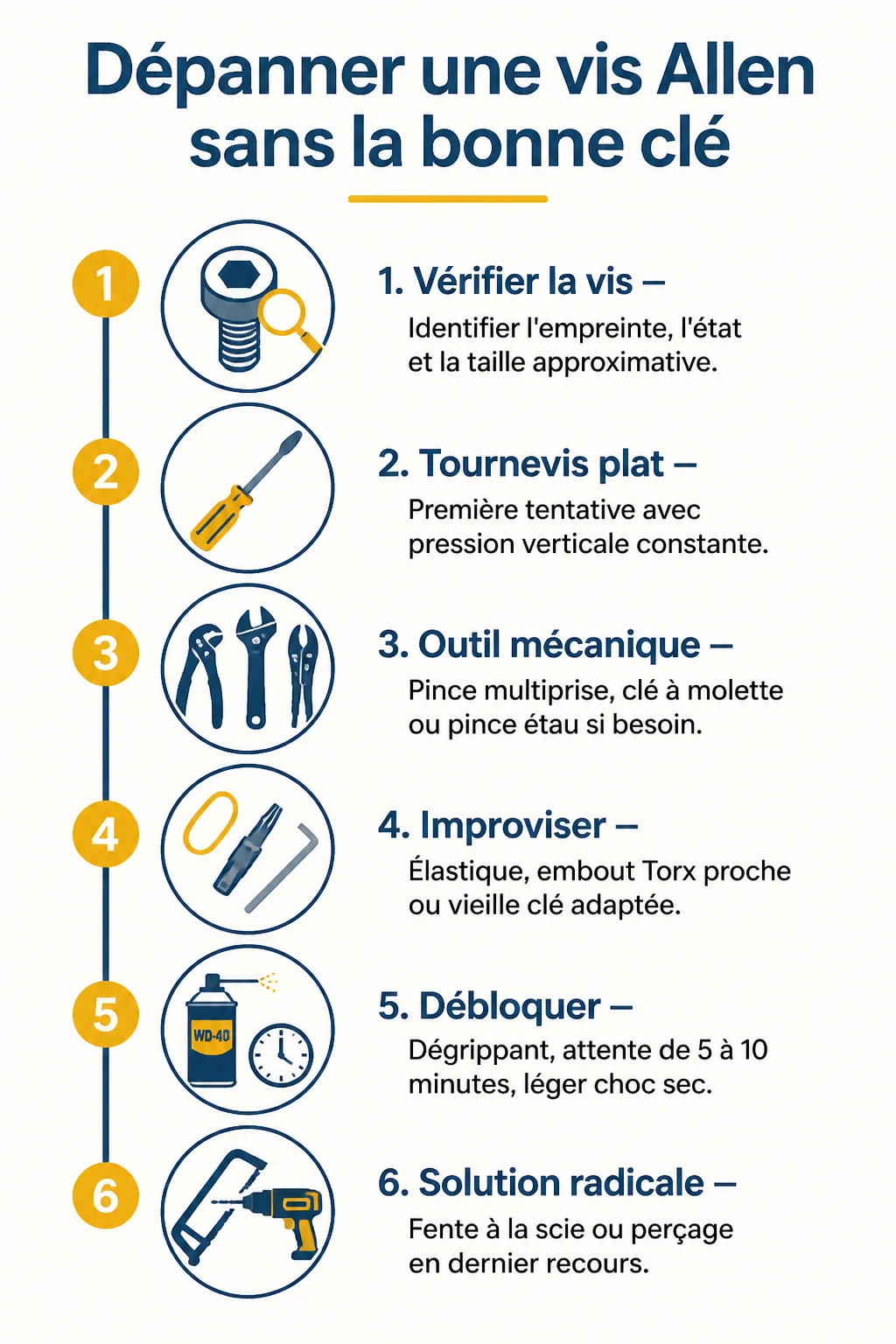 Dépanner une vis Allen sans la bonne clé : 1. Vérifier la vis, 2. Tournevis plat, 3. Outil mécanique, 4. Improviser, 5. Débloquer, 6. Solution radicale