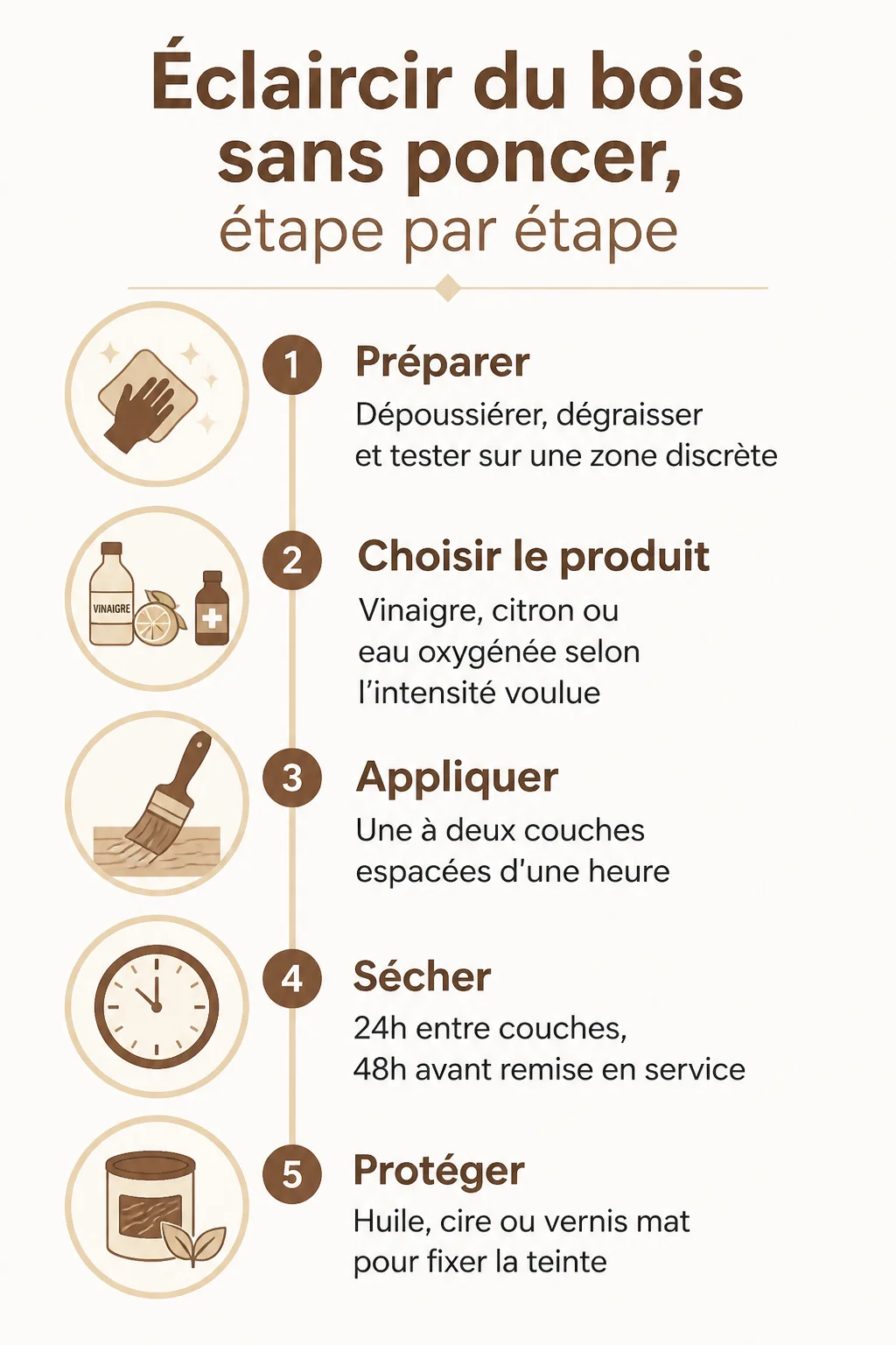Éclaircir du bois sans poncer, étape par étape : 1. Préparer, 2. Choisir le produit, 3. Appliquer, 4. Sécher, 5. Protéger