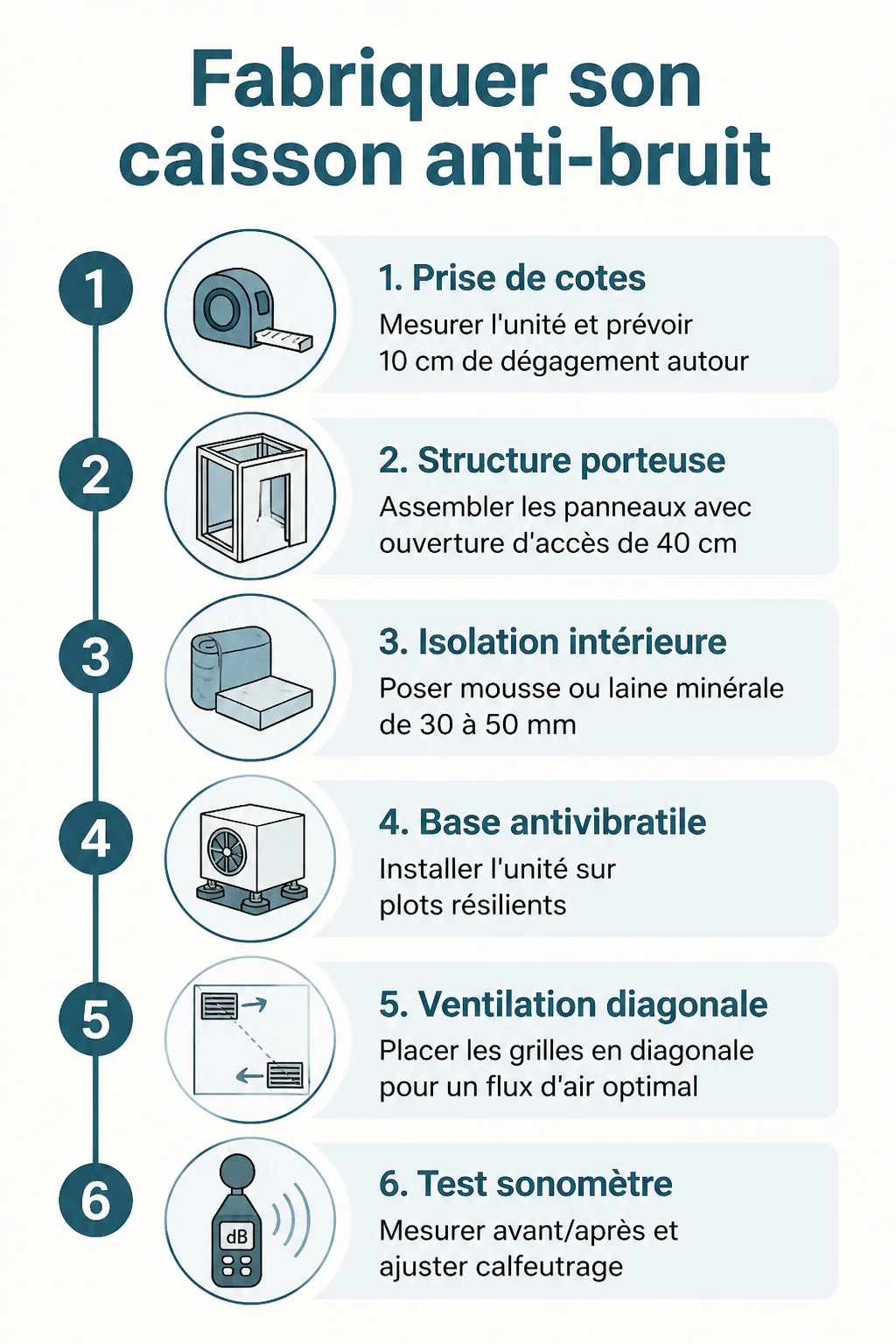 Fabriquer son caisson anti-bruit : 1. Prise de cotes, 2. Structure porteuse, 3. Isolation intérieure, 4. Base antivibratile, 5. Ventilation diagonale, 6. Test sonomètre