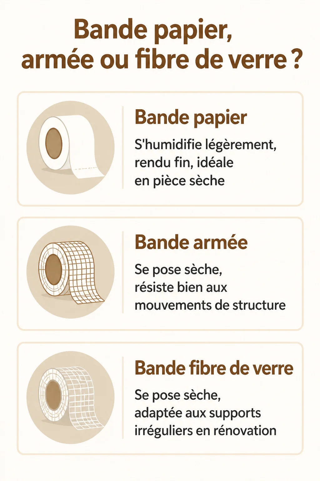 Bande papier, armée ou fibre de verre ? : Bande papier, Bande armée, Bande fibre de verre