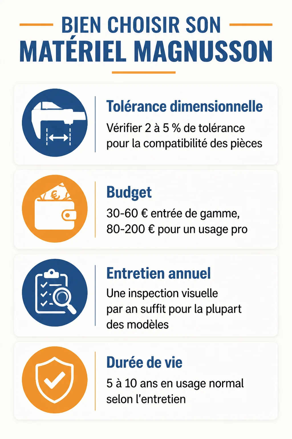 Bien choisir son matériel Magnusson : Tolérance dimensionnelle, Budget, Entretien annuel, Durée de vie