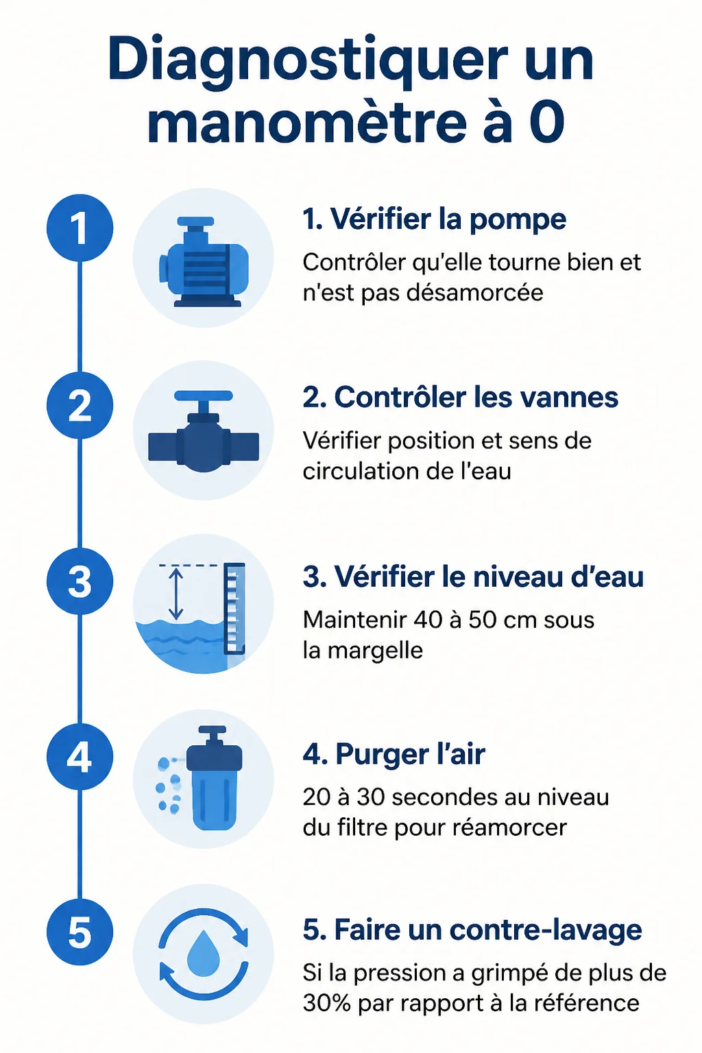 Diagnostiquer un manomètre à 0 : 1. Vérifier la pompe, 2. Contrôler les vannes, 3. Vérifier le niveau d'eau, 4. Purger l'air, 5. Faire un contre-lavage