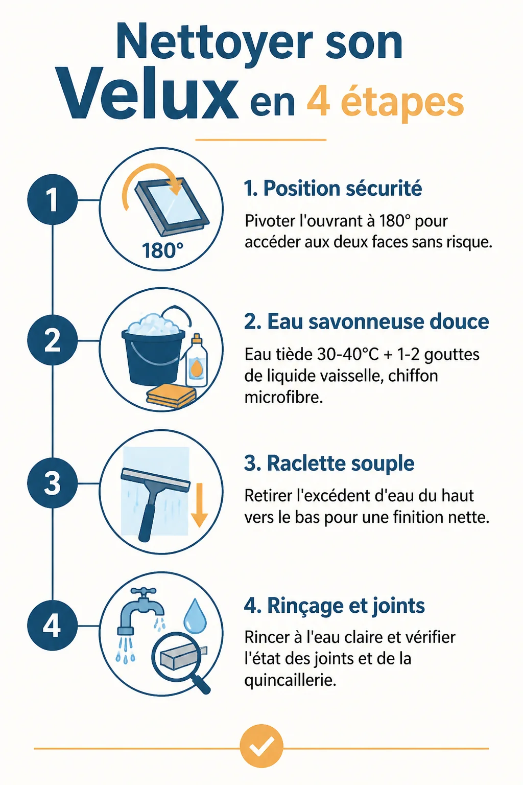 Nettoyer son Velux en 4 étapes : 1. Position sécurité, 2. Eau savonneuse douce, 3. Raclette souple, 4. Rinçage et joints