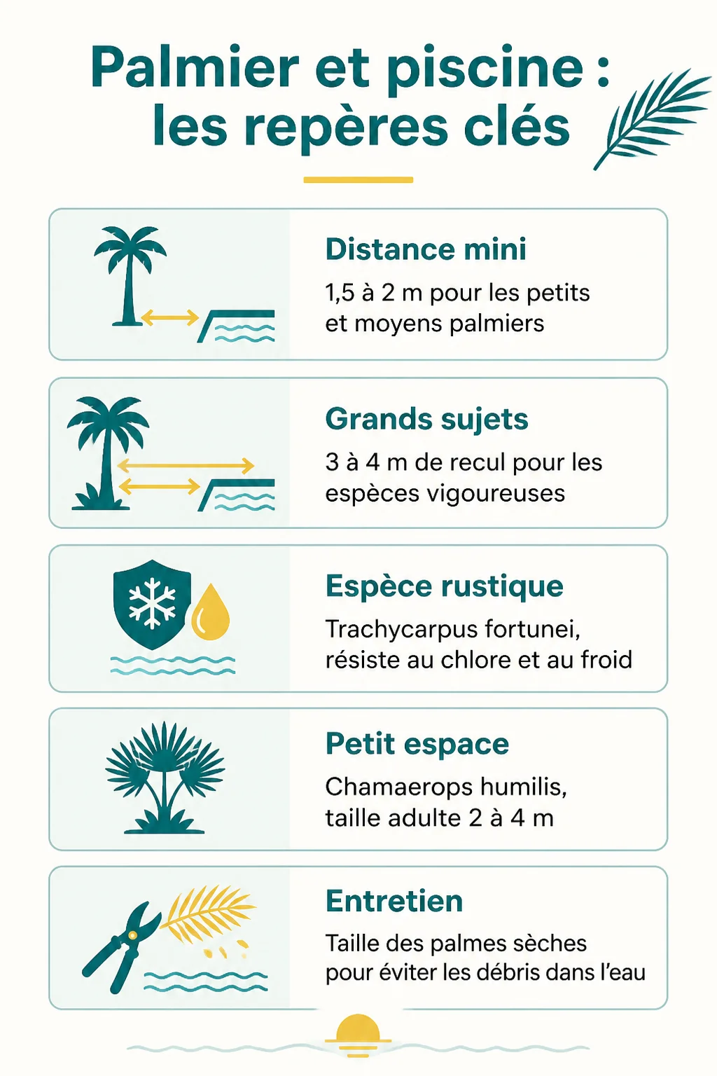 Palmier et piscine : les repères clés : Distance mini, Grands sujets, Espèce rustique, Petit espace, Entretien