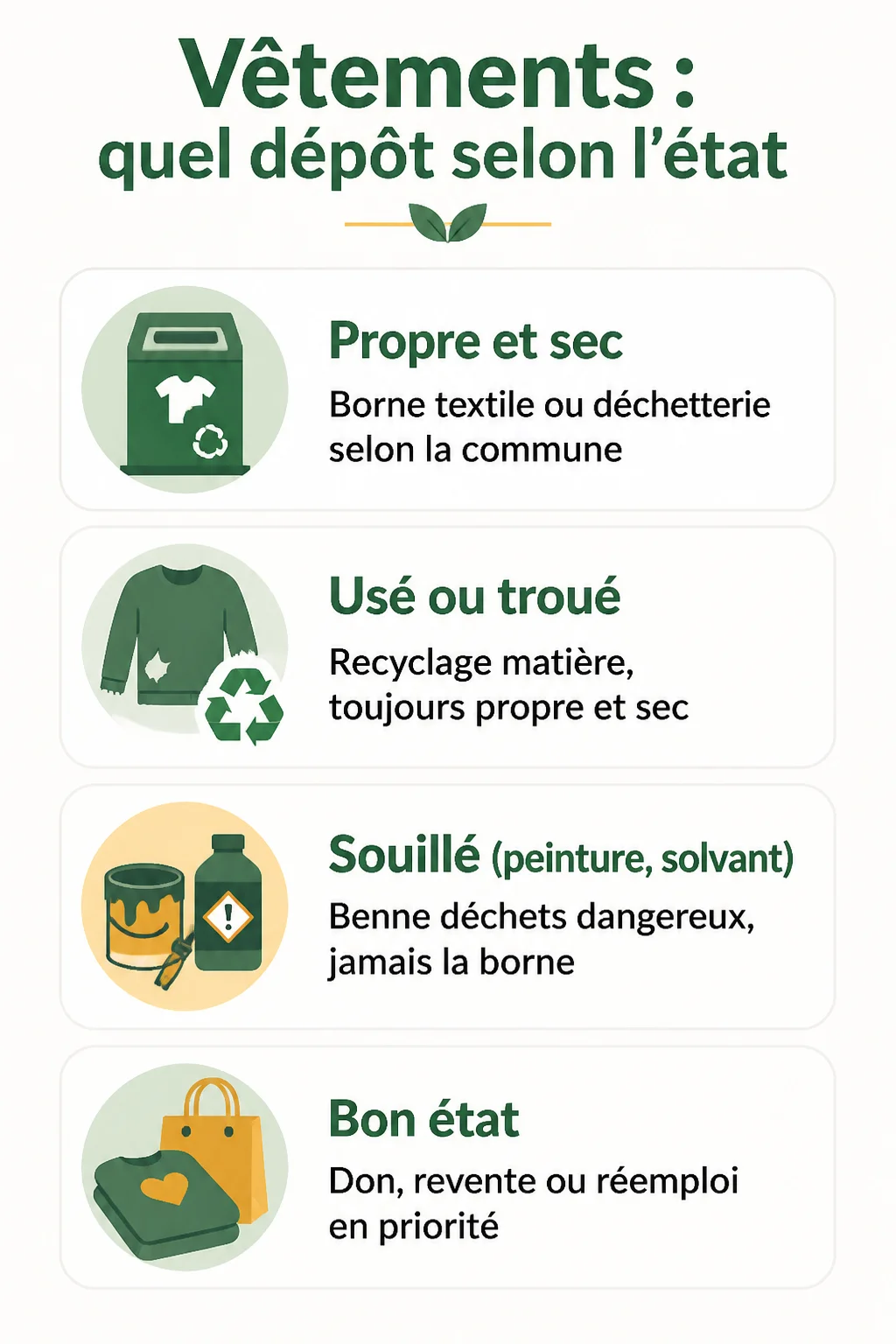Vêtements : quel dépôt selon l'état : Propre et sec, Usé ou troué, Souillé (peinture, solvant), Bon état