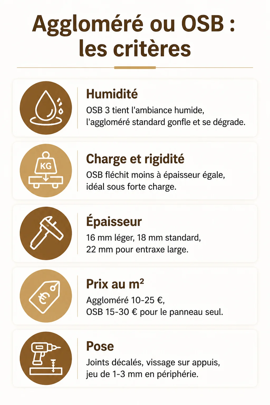 Aggloméré ou OSB : les critères : Humidité, Charge et rigidité, Épaisseur, Prix au m², Pose