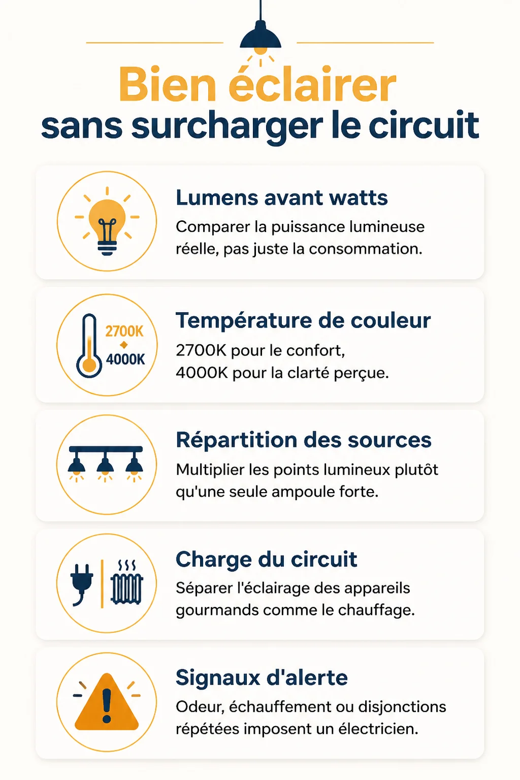 Bien éclairer sans surcharger le circuit : Lumens avant watts, Température de couleur, Répartition des sources, Charge du circuit, Signaux d'alerte