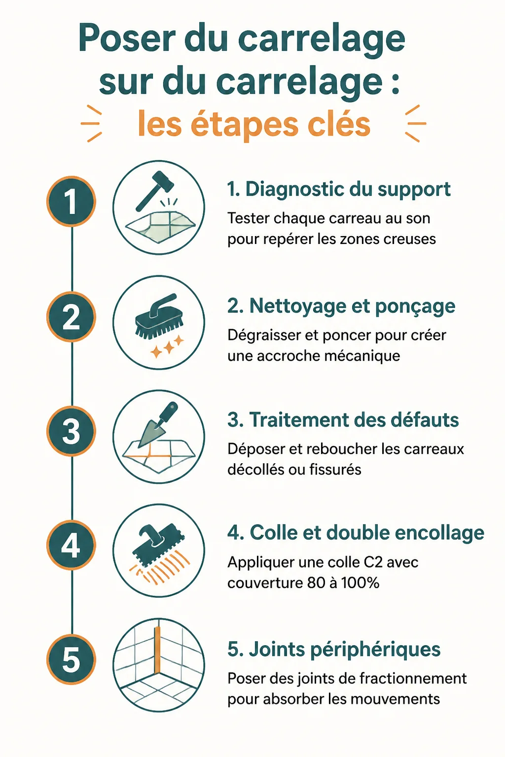 Poser du carrelage sur du carrelage : les étapes clés : 1. Diagnostic du support, 2. Nettoyage et ponçage, 3. Traitement des défauts, 4. Colle et double encollage, 5. Joints périphériques