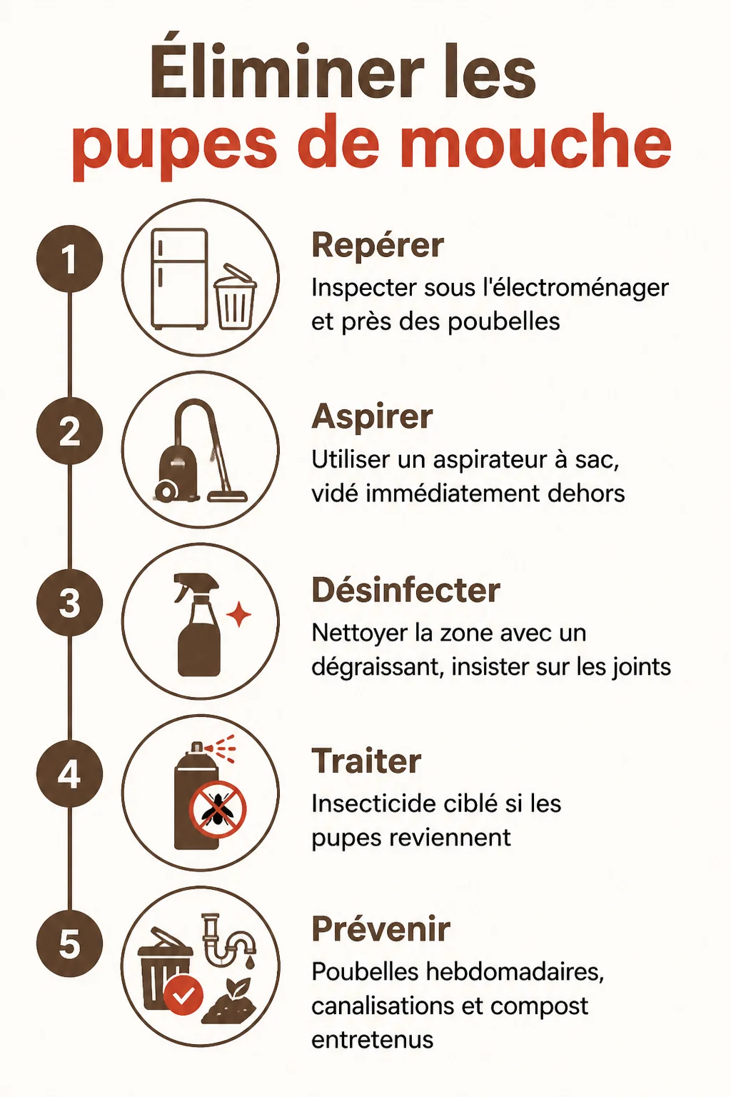 Éliminer les pupes de mouche : 1. Repérer, 2. Aspirer, 3. Désinfecter, 4. Traiter, 5. Prévenir