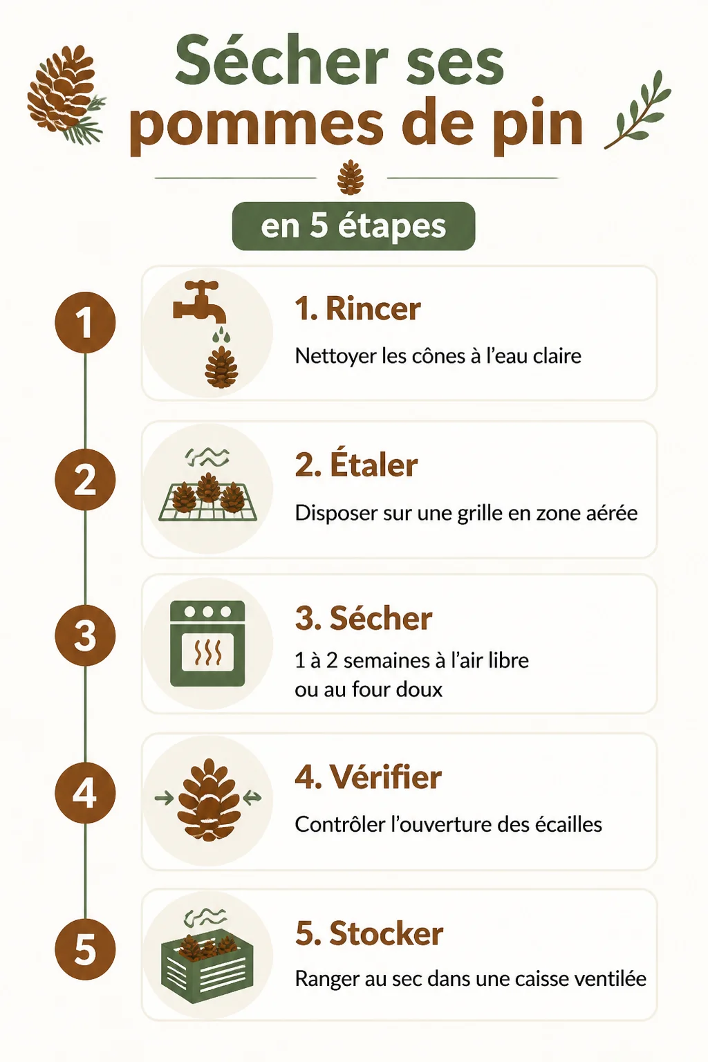 Sécher ses pommes de pin en 5 étapes : 1. Rincer, 2. Étaler, 3. Sécher, 4. Vérifier, 5. Stocker