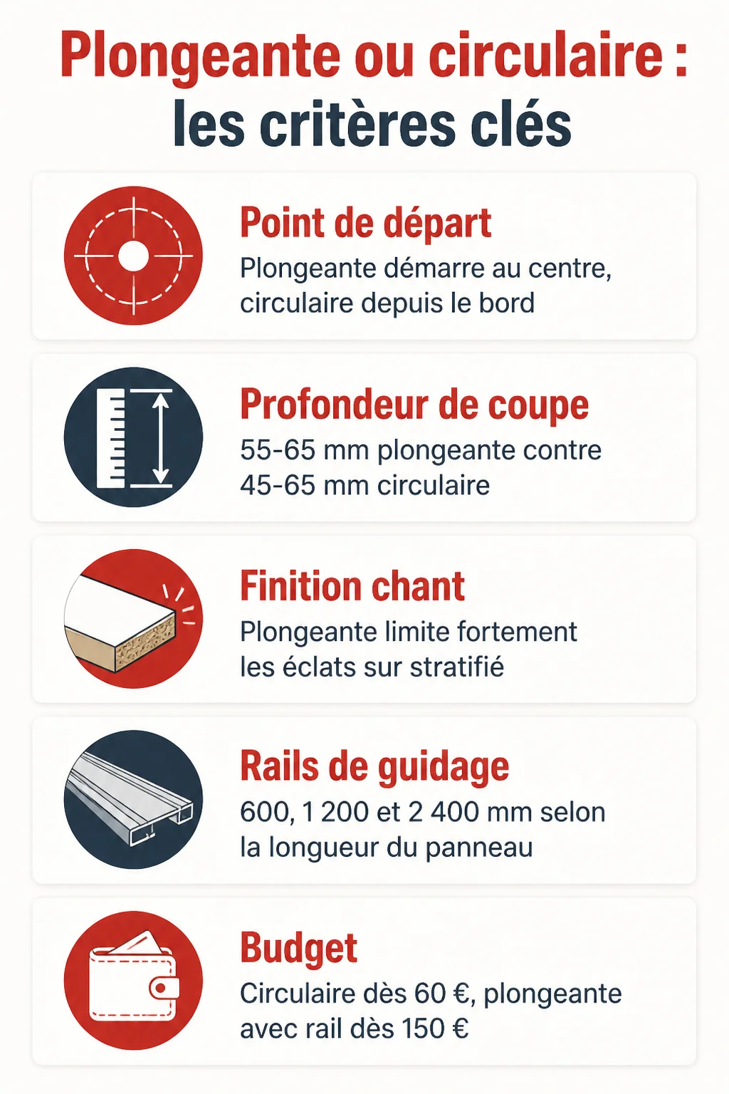 Plongeante ou circulaire : les critères clés : Point de départ, Profondeur de coupe, Finition chant, Rails de guidage, Budget