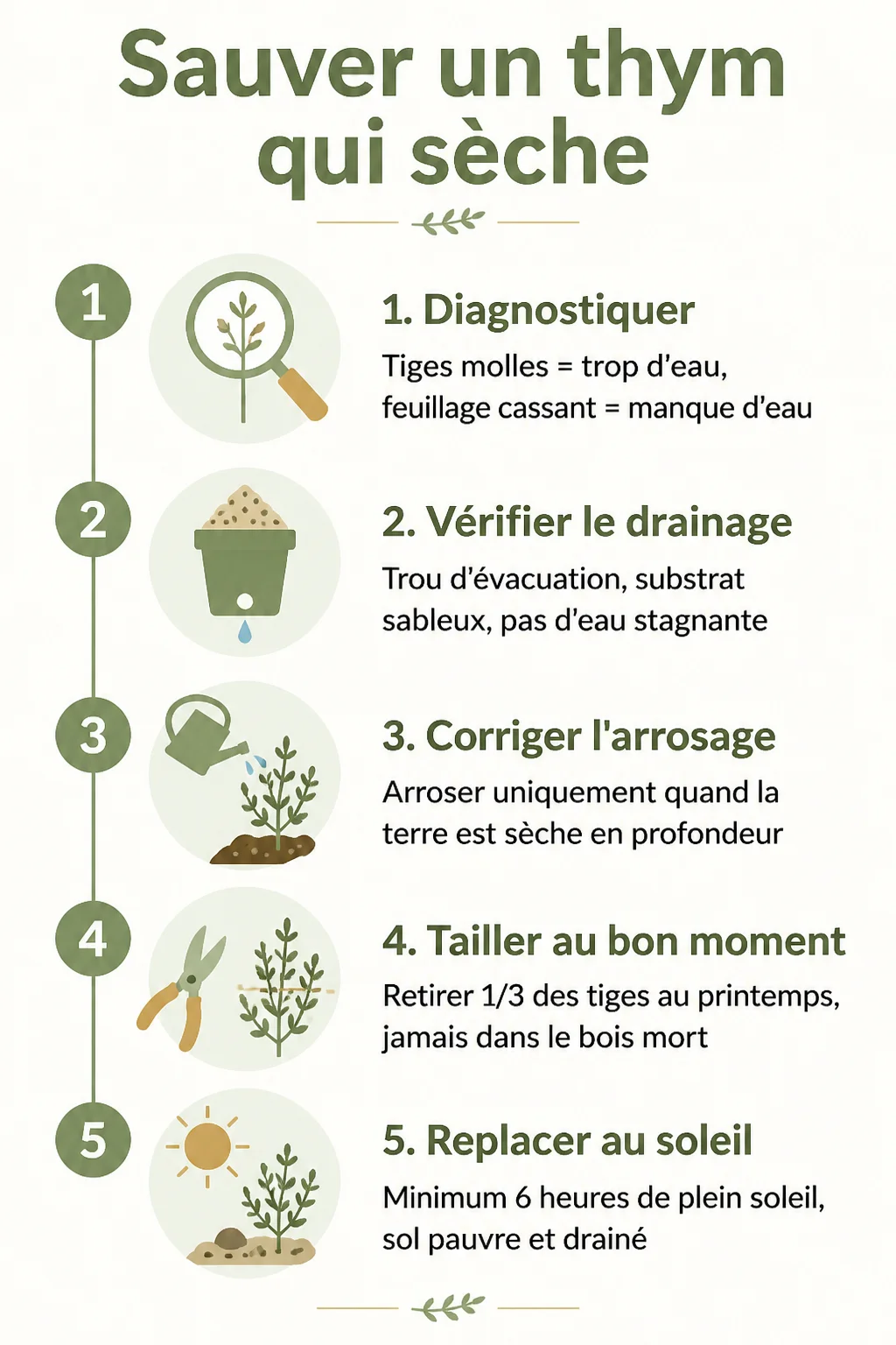 Sauver un thym qui sèche : 1. Diagnostiquer, 2. Vérifier le drainage, 3. Corriger l'arrosage, 4. Tailler au bon moment, 5. Replacer au soleil