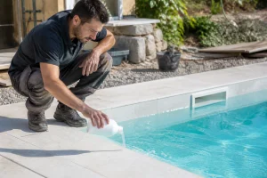 Technicien versant un colmateur de fuite piscine dans l'eau d'un bassin en béton près d'un skimmer
