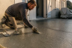 Artisan talochant une dalle de béton fibré sur une terrasse en cours de rénovation
