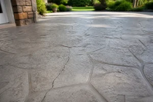 Terrasse en béton imprimé avec une fissure fine visible dans le motif texturé