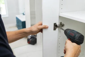 Artisan fixant une charnière sur une porte de meuble de salle de bain neuve