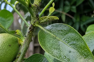 Fourmis grimpant le long du tronc d'un citronnier infesté de pucerons