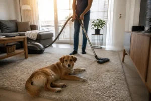 Aspirateur passé sur un tapis près d'un chien pour éliminer les puces dans une maison