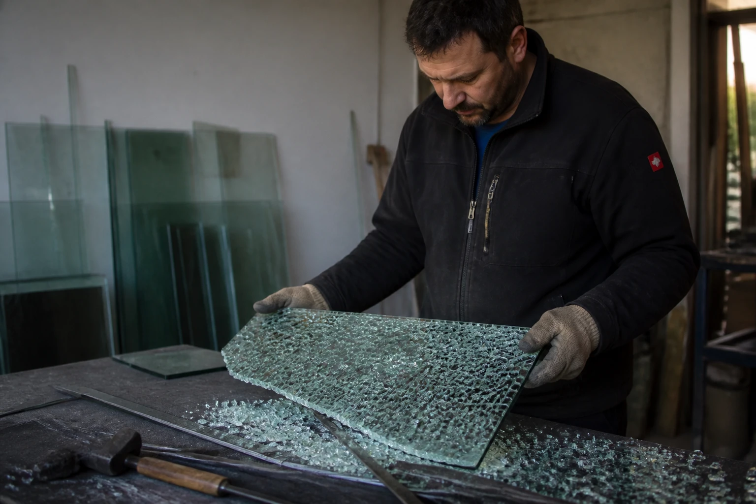 Plaque de verre trempé brisée en fragments cubiques sur un établi d'atelier