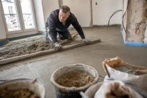 Artisan tirant une chape maigre à la règle sur un sol en rénovation avec seaux de sable et ciment