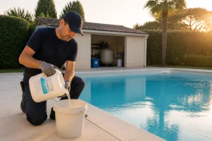 Dosage d'eau de Javel dilué dans un seau au bord d'une piscine de 50 m3