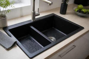 Évier en granit composite noir encastré dans une cuisine rénovée, avec traces d'eau visibles sur la surface