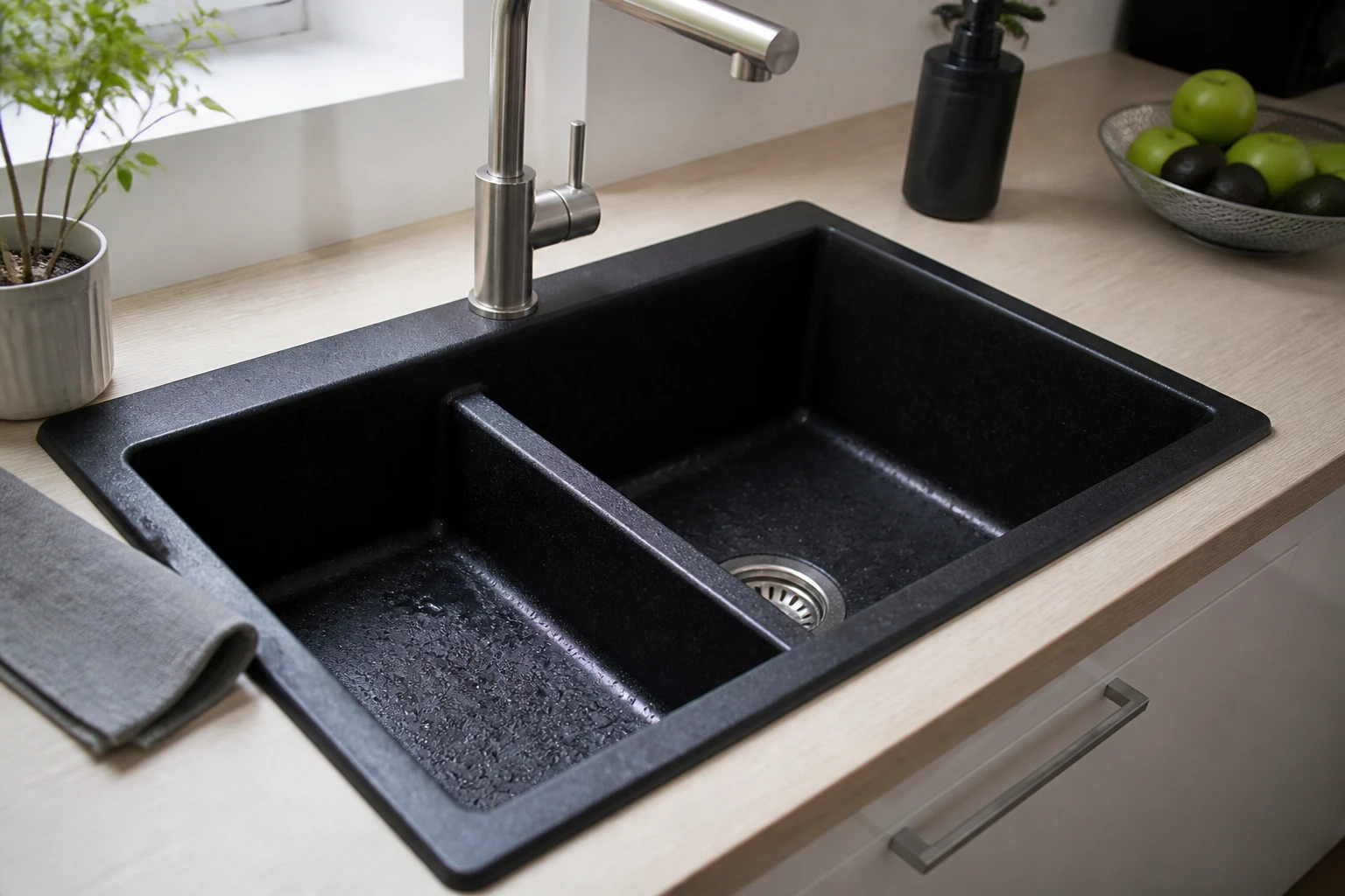 Évier en granit composite noir encastré dans une cuisine rénovée, avec traces d'eau visibles sur la surface