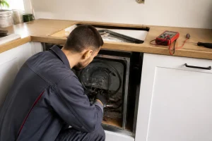 Artisan inspectant la résistance d'un four encastrable démonté pour diagnostiquer une panne de chauffe