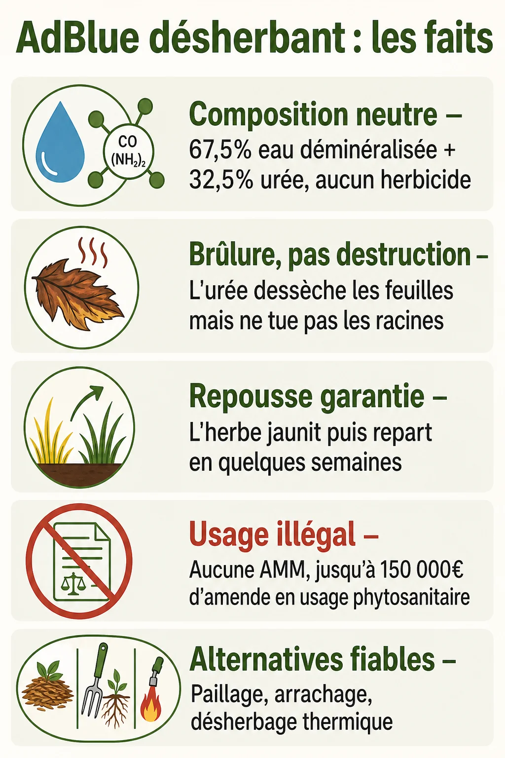 AdBlue désherbant : les faits : Composition neutre, Brûlure, pas destruction, Repousse garantie, Usage illégal, Alternatives fiables