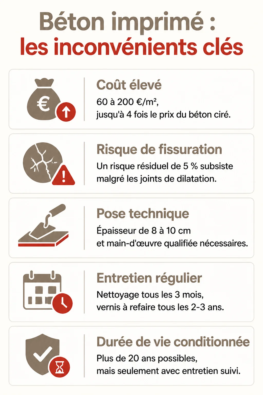 Béton imprimé : les inconvénients clés : Coût élevé, Risque de fissuration, Pose technique, Entretien régulier, Durée de vie conditionnée