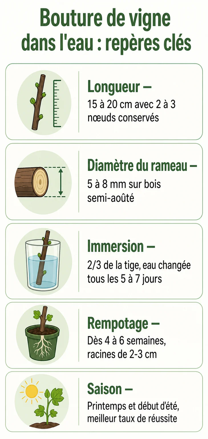 Bouture de vigne dans l'eau : repères clés : Longueur, Diamètre du rameau, Immersion, Rempotage, Saison