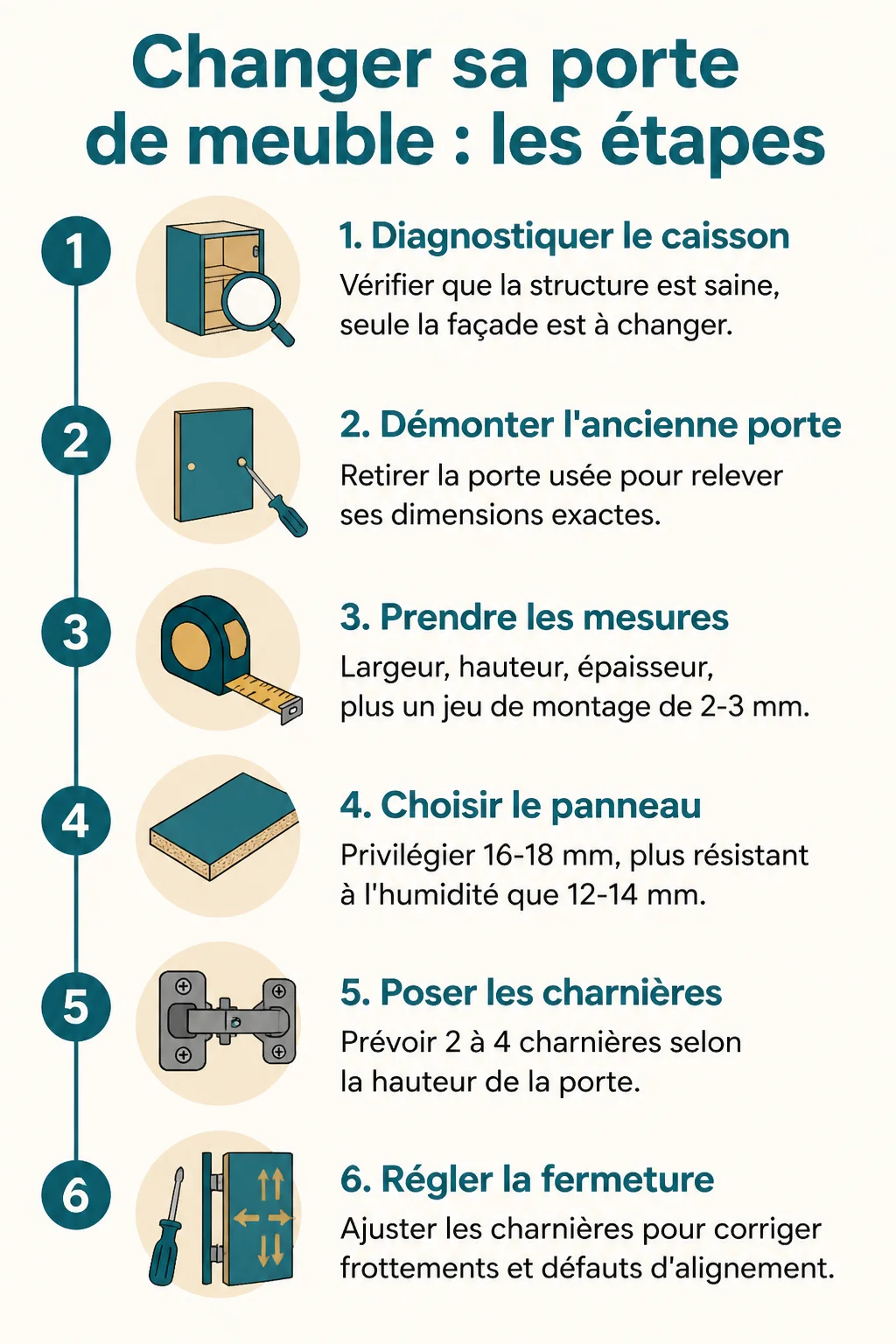 Changer sa porte de meuble : les étapes : 1. Diagnostiquer le caisson, 2. Démonter l'ancienne porte, 3. Prendre les mesures, 4. Choisir le panneau, 5. Poser les charnières, 6. Régler la fermeture
