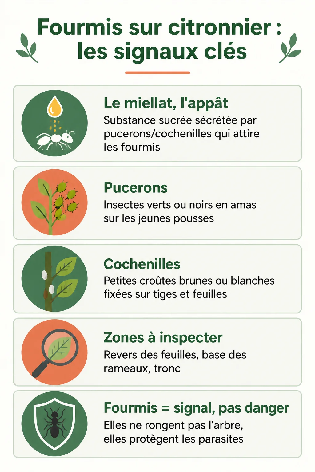 Fourmis sur citronnier : les signaux clés : Le miellat, l'appât, Pucerons, Cochenilles, Zones à inspecter, Fourmis = signal, pas danger