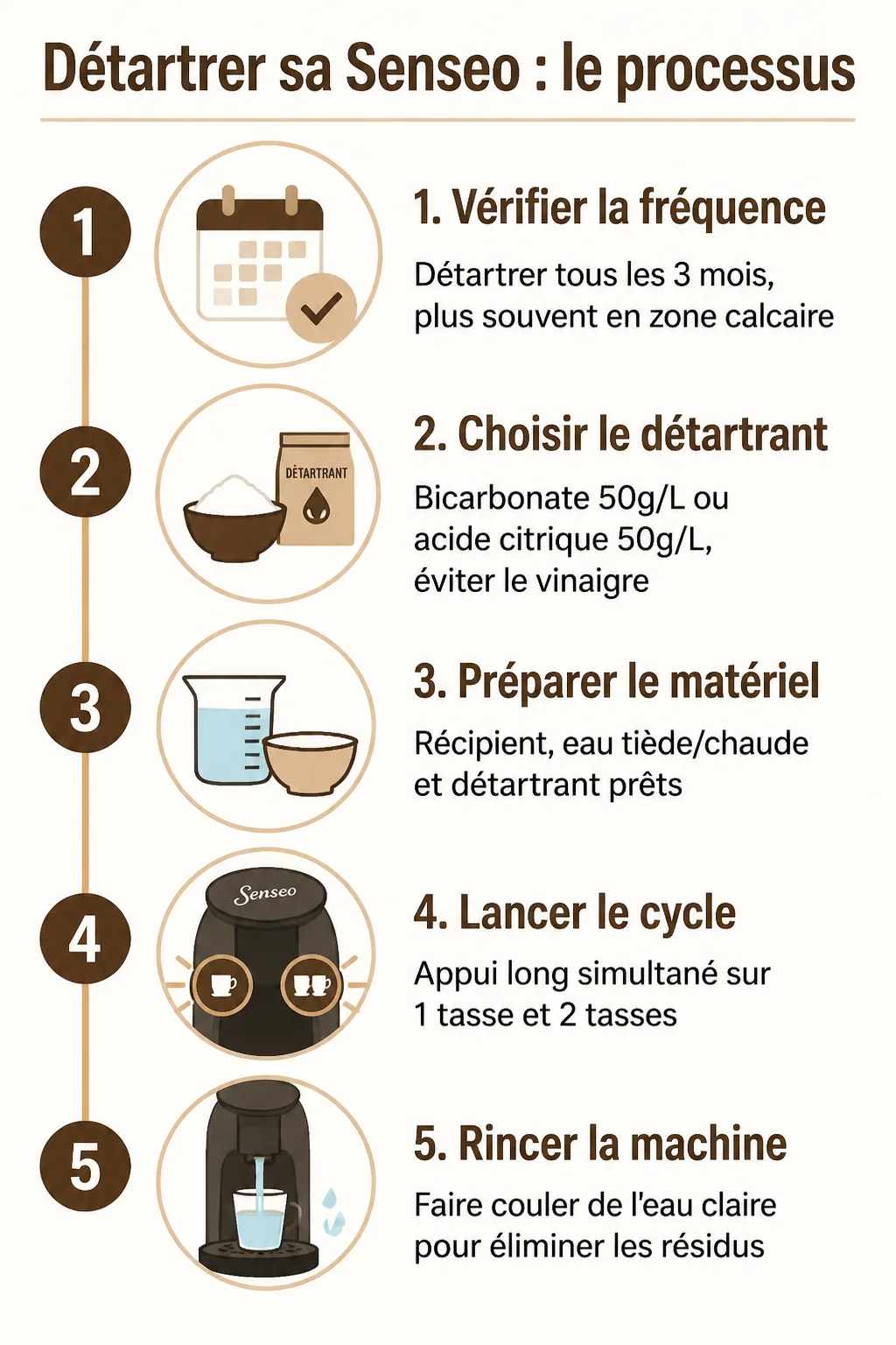Détartrer sa Senseo : le processus : 1. Vérifier la fréquence, 2. Choisir le détartrant, 3. Préparer le matériel, 4. Lancer le cycle, 5. Rincer la machine