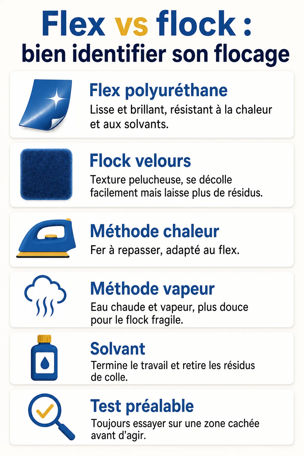 Flex vs flock : bien identifier son flocage : Flex polyuréthane, Flock velours, Méthode chaleur, Méthode vapeur, Solvant, Test préalable
