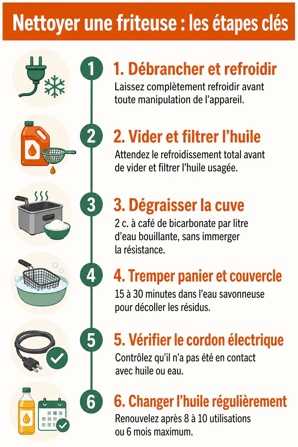 Nettoyer une friteuse : les étapes clés : 1. Débrancher et refroidir, 2. Vider et filtrer l'huile, 3. Dégraisser la cuve, 4. Tremper panier et couvercle, 5. Vérifier le cordon électrique, 6. Changer l'huile régulièrement