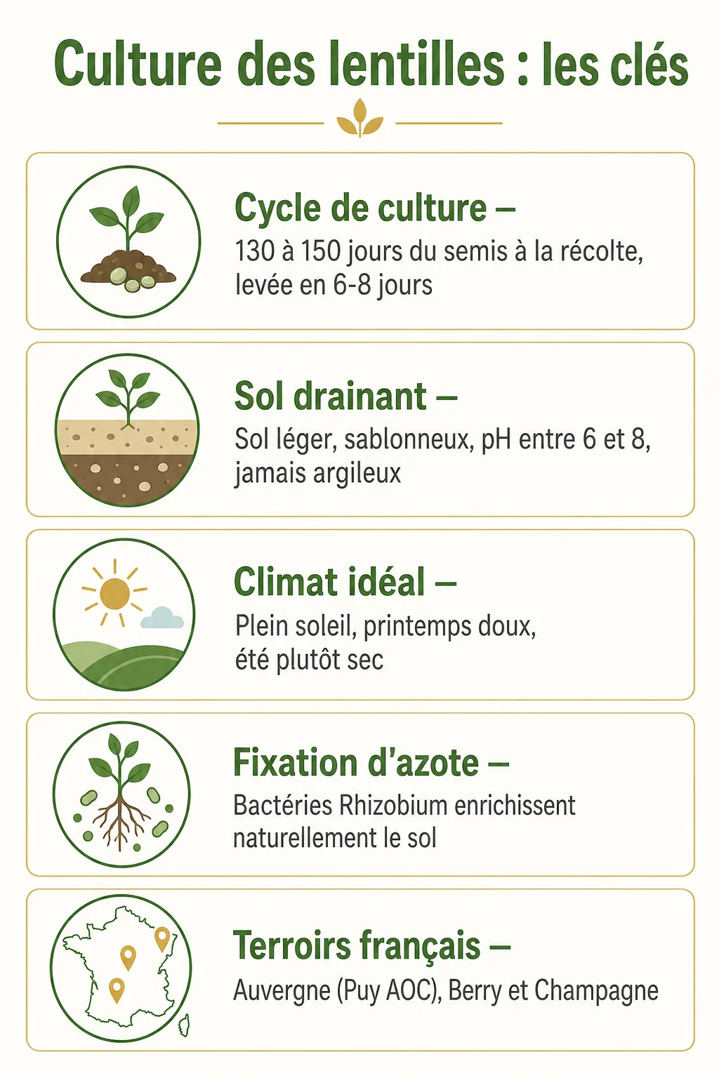 Culture des lentilles : les clés : Cycle de culture, Sol drainant, Climat idéal, Fixation d'azote, Terroirs français
