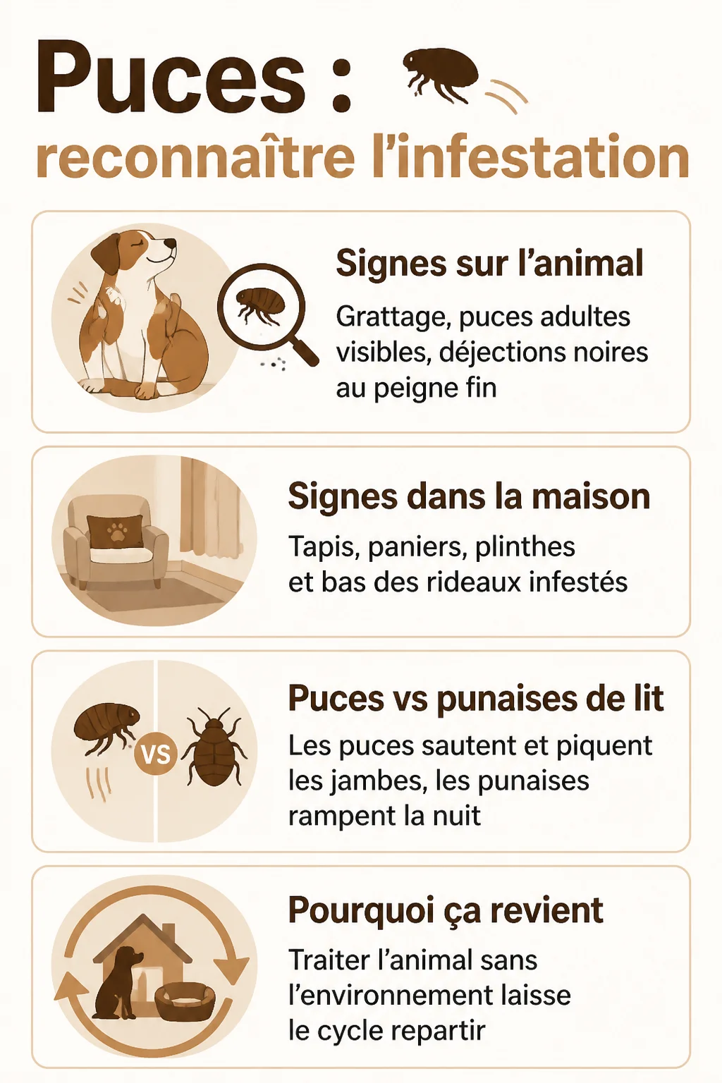 Puces : reconnaître l'infestation : Signes sur l'animal, Signes dans la maison, Puces vs punaises de lit, Pourquoi ça revient