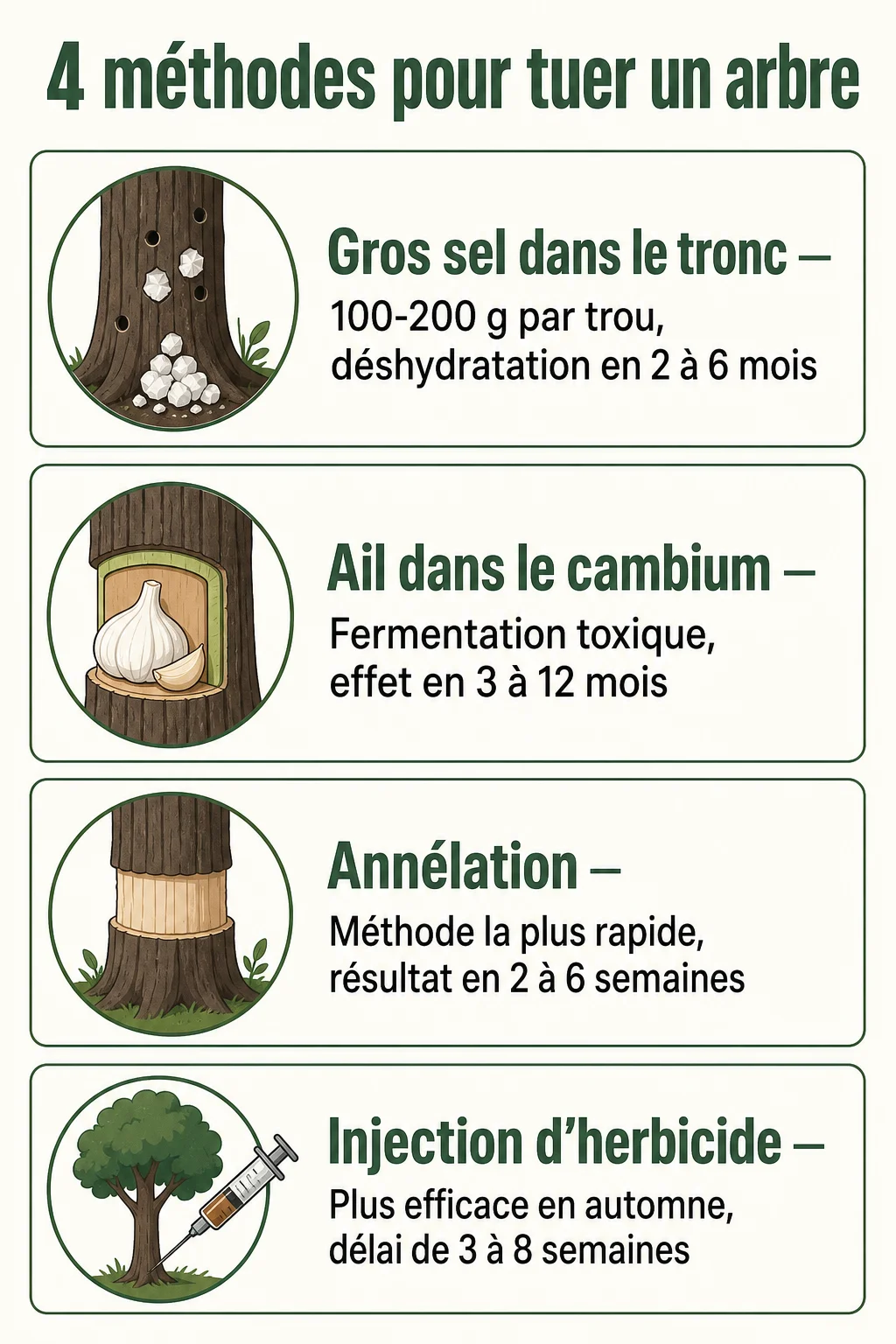 4 méthodes pour tuer un arbre : Gros sel dans le tronc, Ail dans le cambium, Annélation, Injection d'herbicide