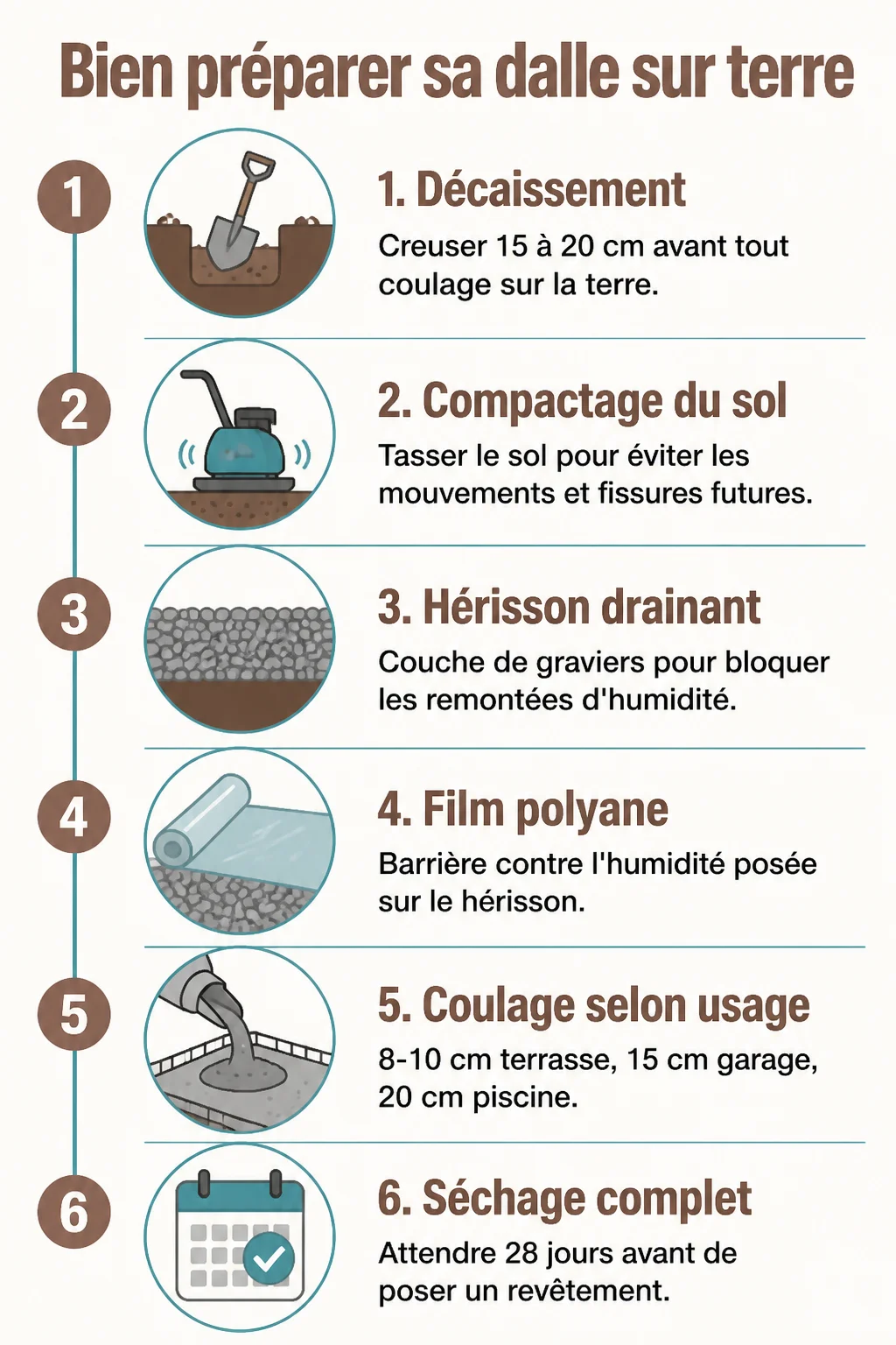 Bien préparer sa dalle sur terre : 1. Décaissement, 2. Compactage du sol, 3. Hérisson drainant, 4. Film polyane, 5. Coulage selon usage, 6. Séchage complet