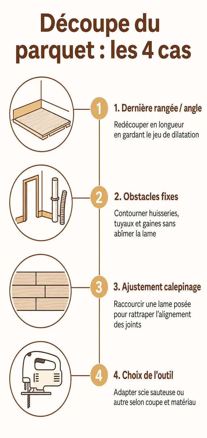 Découpe du parquet : les 4 cas : 1. Dernière rangée / angle, 2. Obstacles fixes, 3. Ajustement calepinage, 4. Choix de l'outil