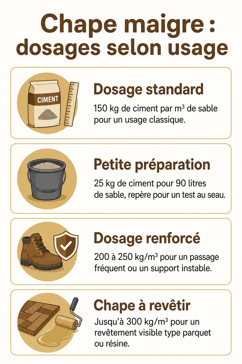 Chape maigre : dosages selon usage : Dosage standard, Petite préparation, Dosage renforcé, Chape à revêtir