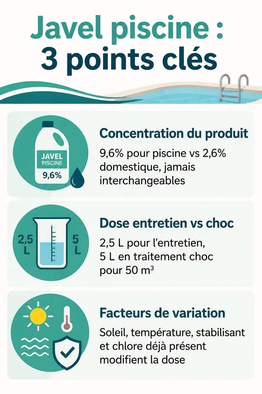 Javel piscine : 3 points clés : Concentration du produit, Dose entretien vs choc, Facteurs de variation