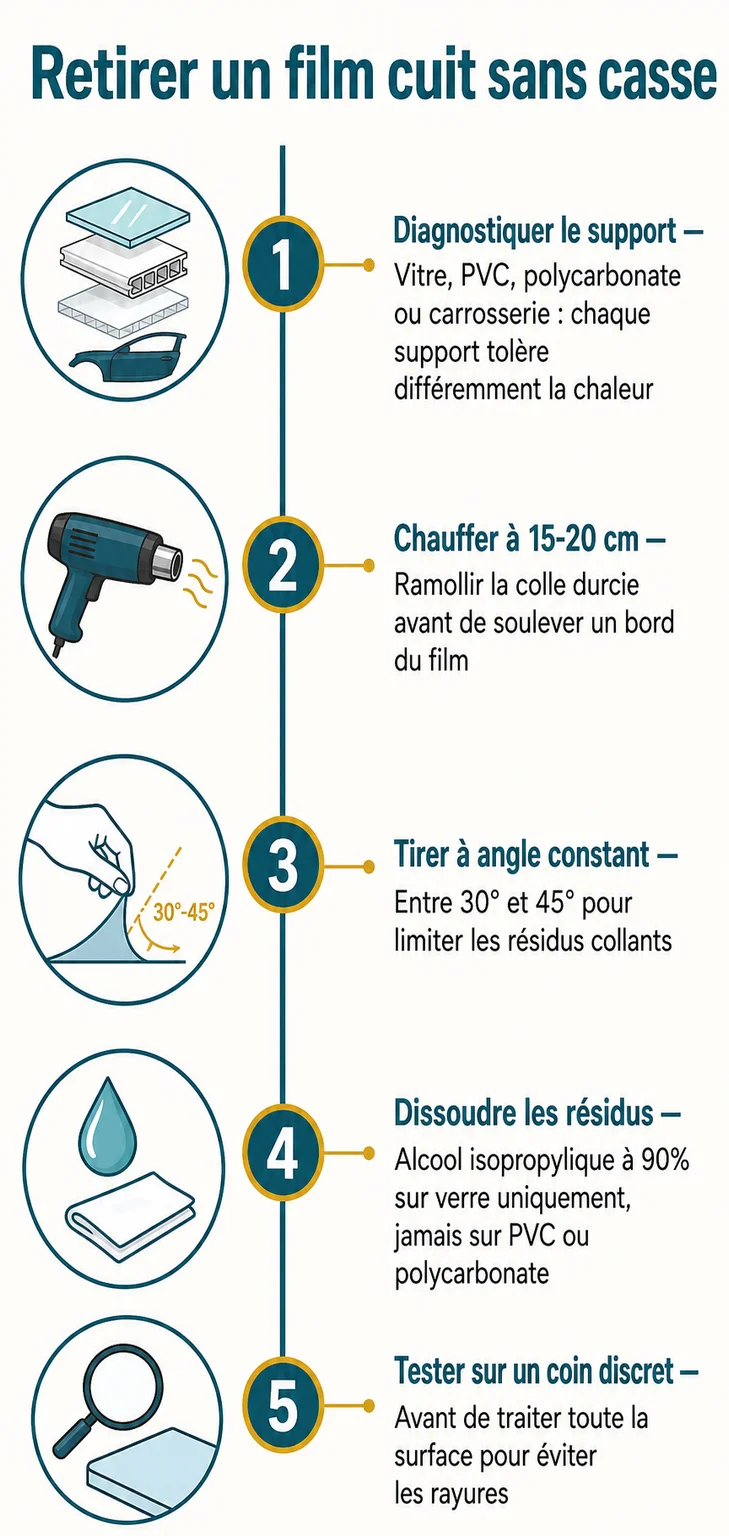 Retirer un film cuit sans casse : 1. Diagnostiquer le support, 2. Chauffer à 15-20 cm, 3. Tirer à angle constant, 4. Dissoudre les résidus, 5. Tester sur un coin discret