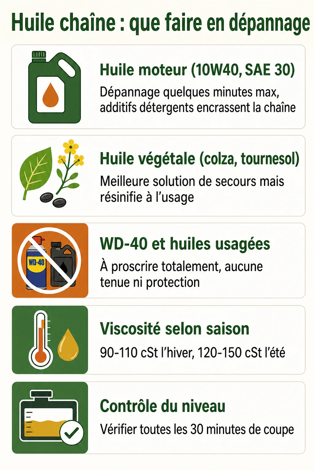 Huile chaîne : que faire en dépannage : Huile moteur (10W40, SAE 30), Huile végétale (colza, tournesol), WD-40 et huiles usagées, Viscosité selon saison, Contrôle du niveau