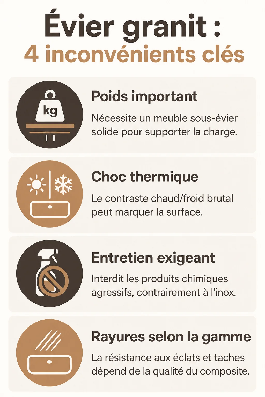 Évier granit : 4 inconvénients clés : Poids important, Choc thermique, Entretien exigeant, Rayures selon la gamme